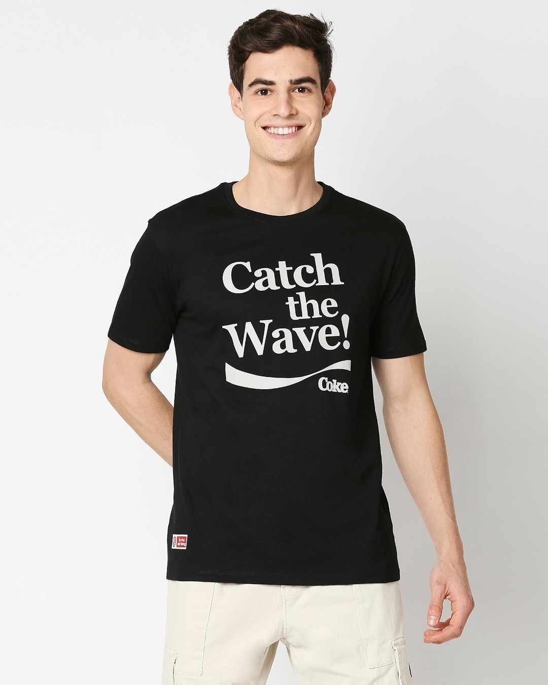 Shop Men's Black Catch The Wave Coca-Cola Typography T-shirt-Back
