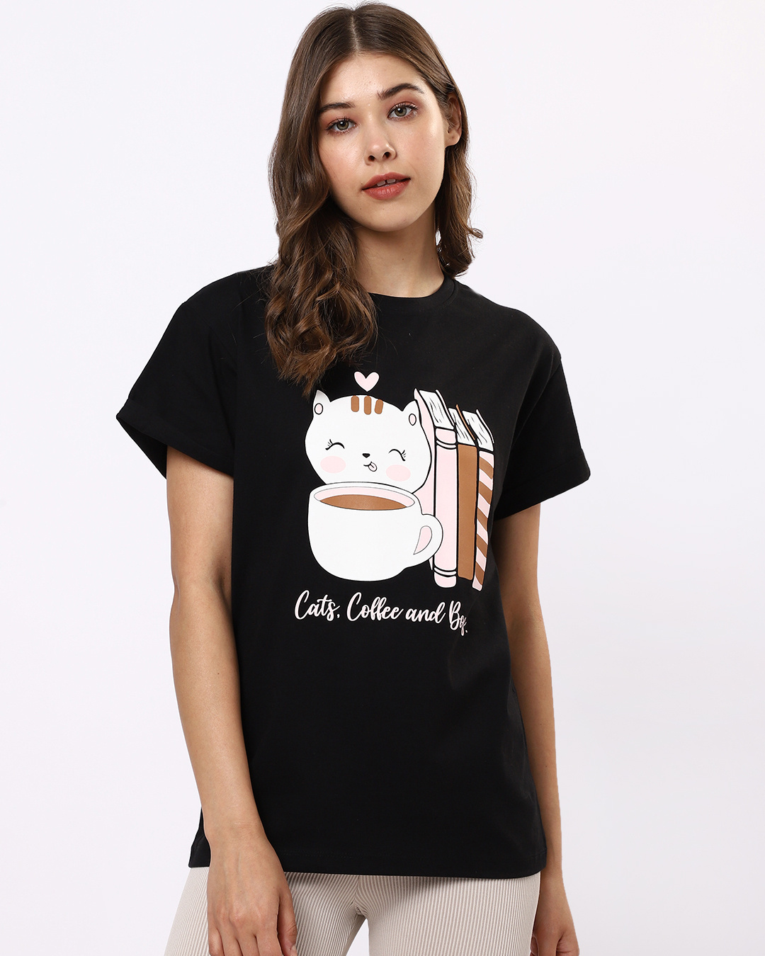Shop Cats,coffee And Books Boyfriend T-Shirt-Back