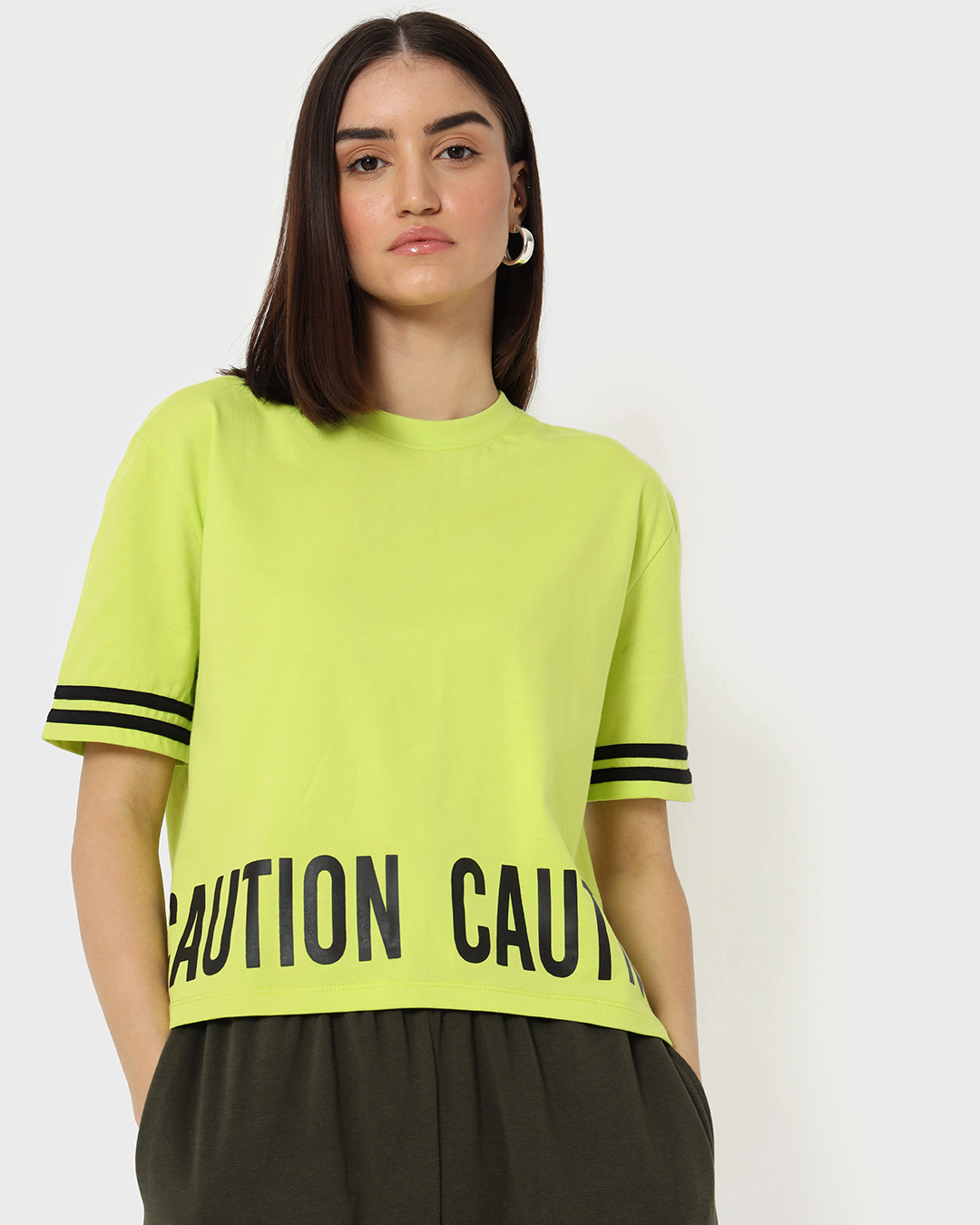 Shop Women's Green Caution Typography Relaxed Short Top-Back