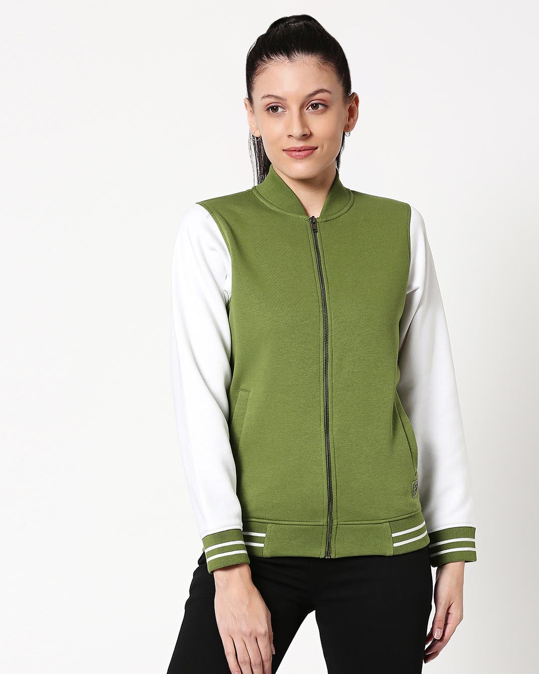 Shop Women's Green & White Color Block Varsity Bomber Jacket-Back