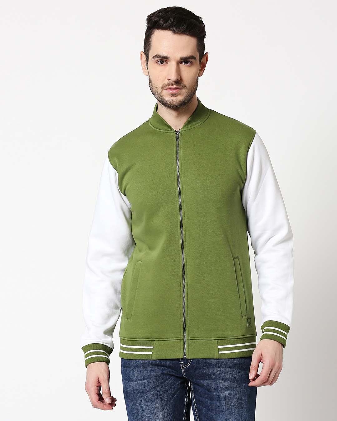 Shop Men's Green & White Color Block Varsity Bomber Jacket-Back