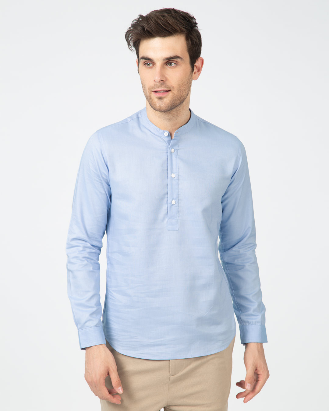 Shop Celeste Blue Mandarin Collar Henley Full Sleeve Shirt-Back