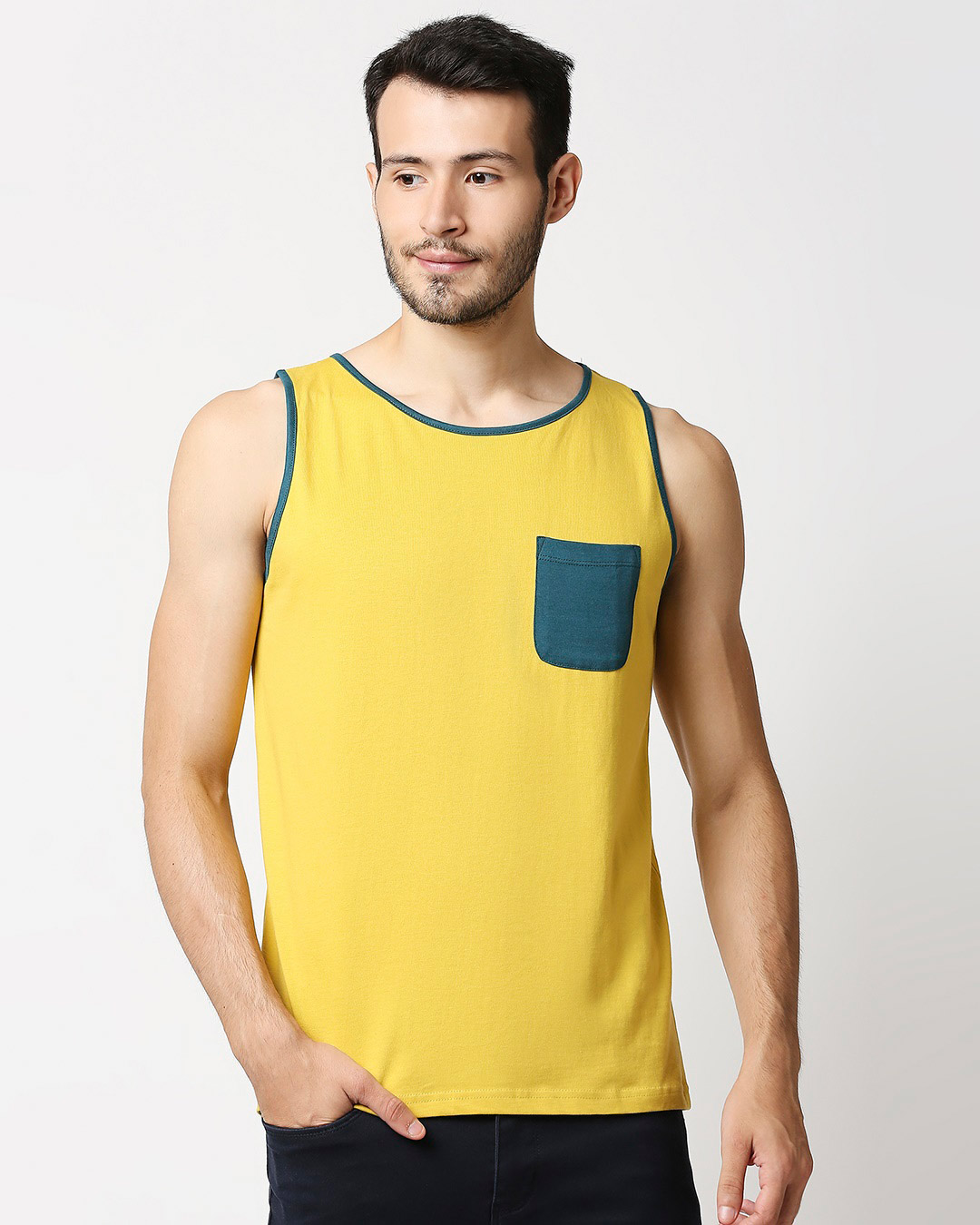 Shop Ceylon Yellow Contrast Binding Pocket Vest-Back