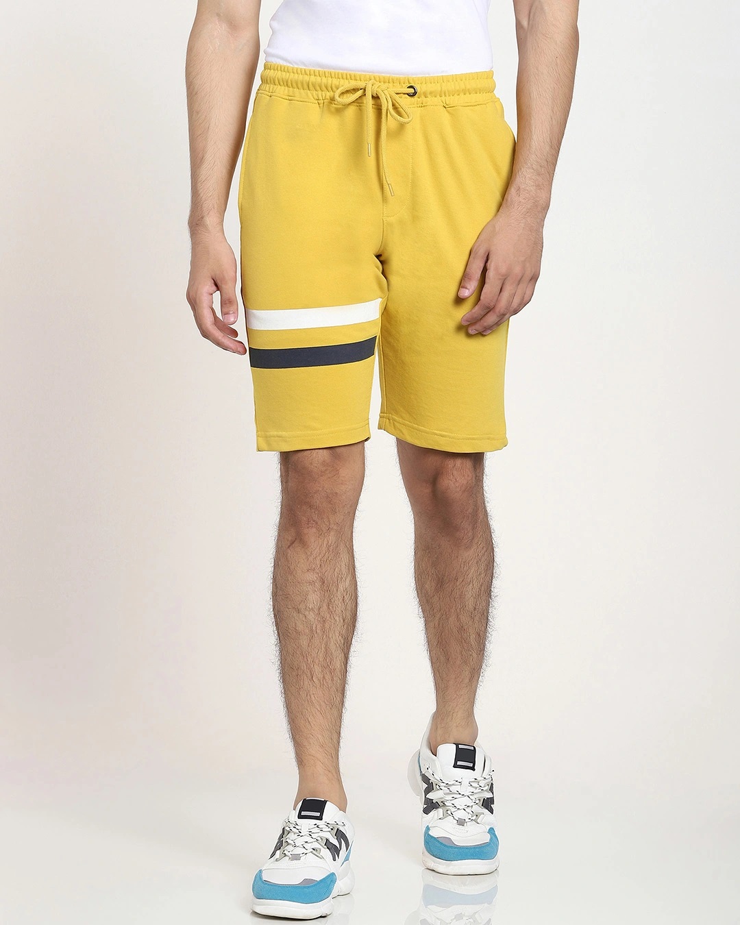 Shop Ceylon Yellow Men's Solid One Side Printed Strip Shorts-Back