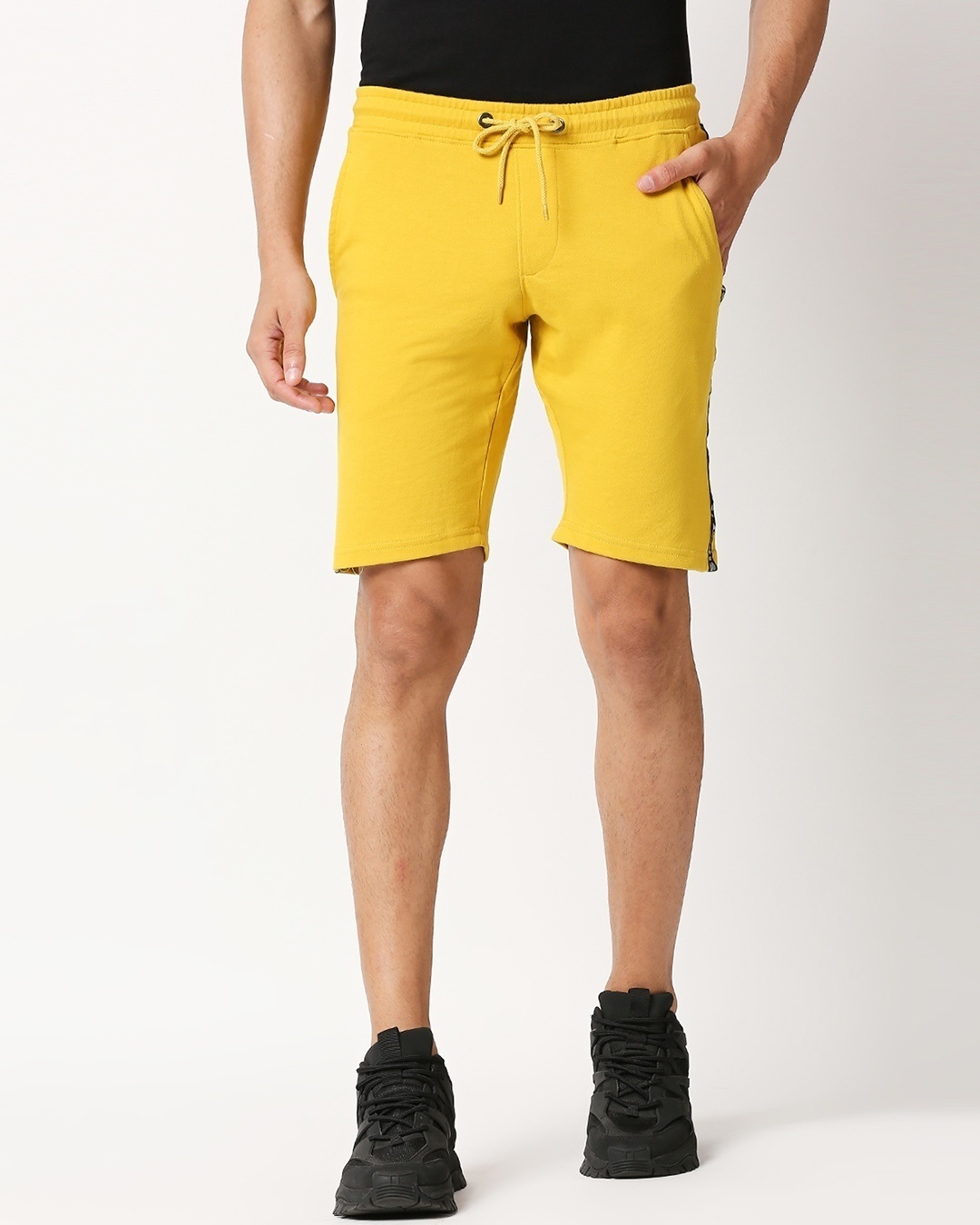 Shop Ceylon Yellow Men's Solid Side Tape Pocket Shorts-Back