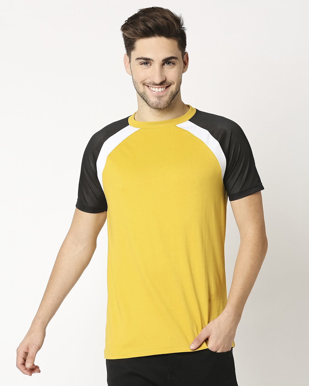 Shop Ceylon Yellow Mesh Half Sleeve Raglan T-Shirt-Back