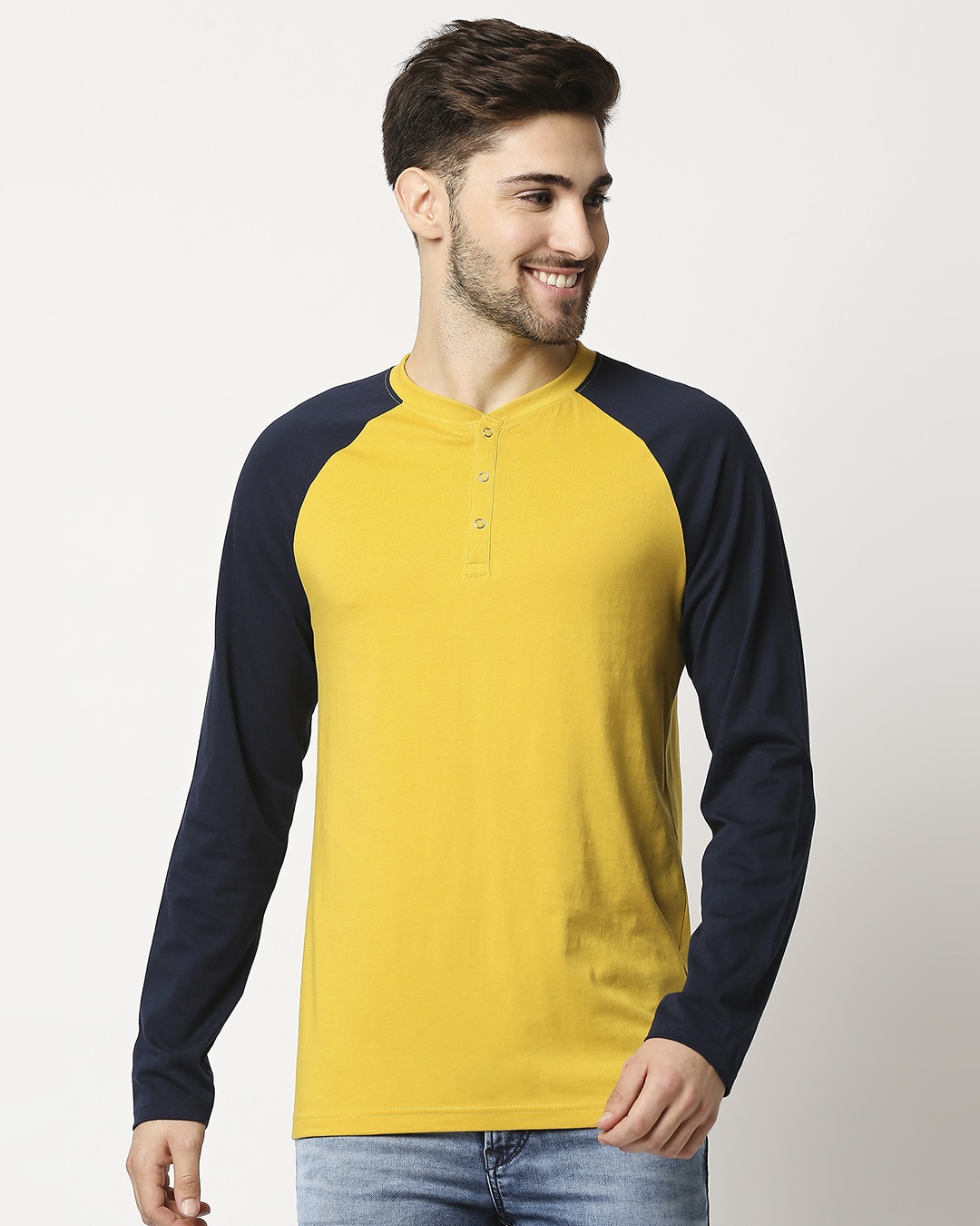 Shop Ceylon Yellow - Pageant Blue Raglan Full Sleeve Henley-Back