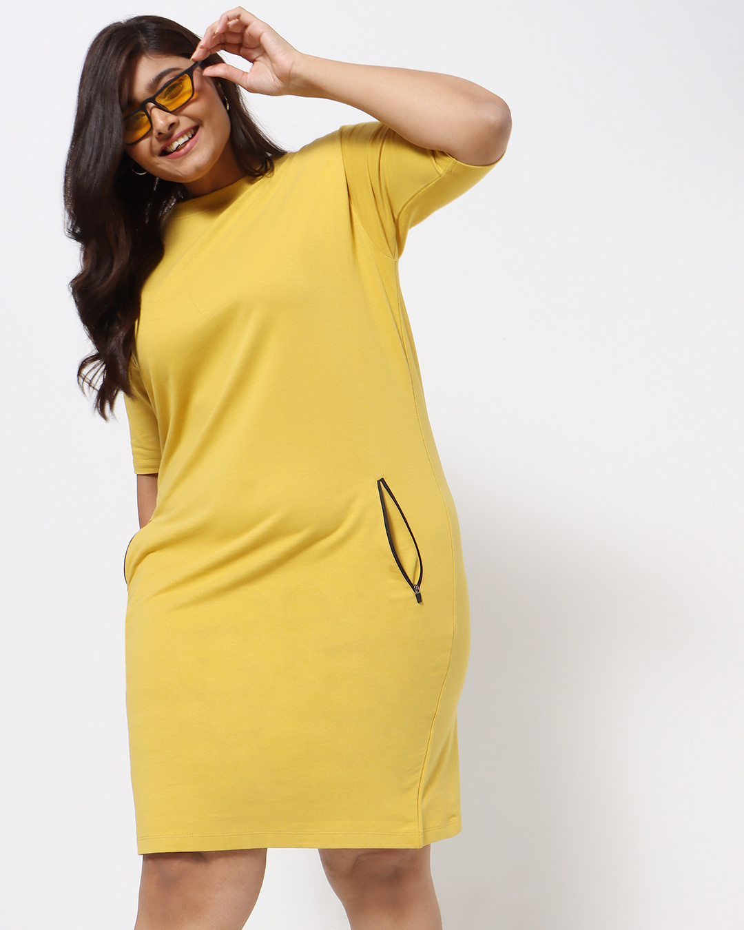 Shop Ceylon Yellow Plus Size Elbow Sleeve Pocket Dress-Front