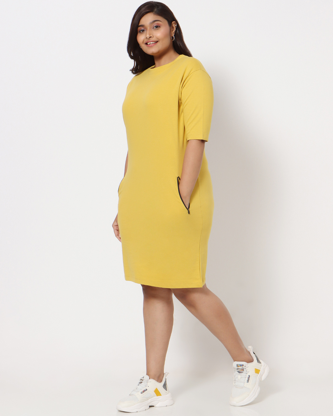 Shop Ceylon Yellow Plus Size Elbow Sleeve Pocket Dress-Back