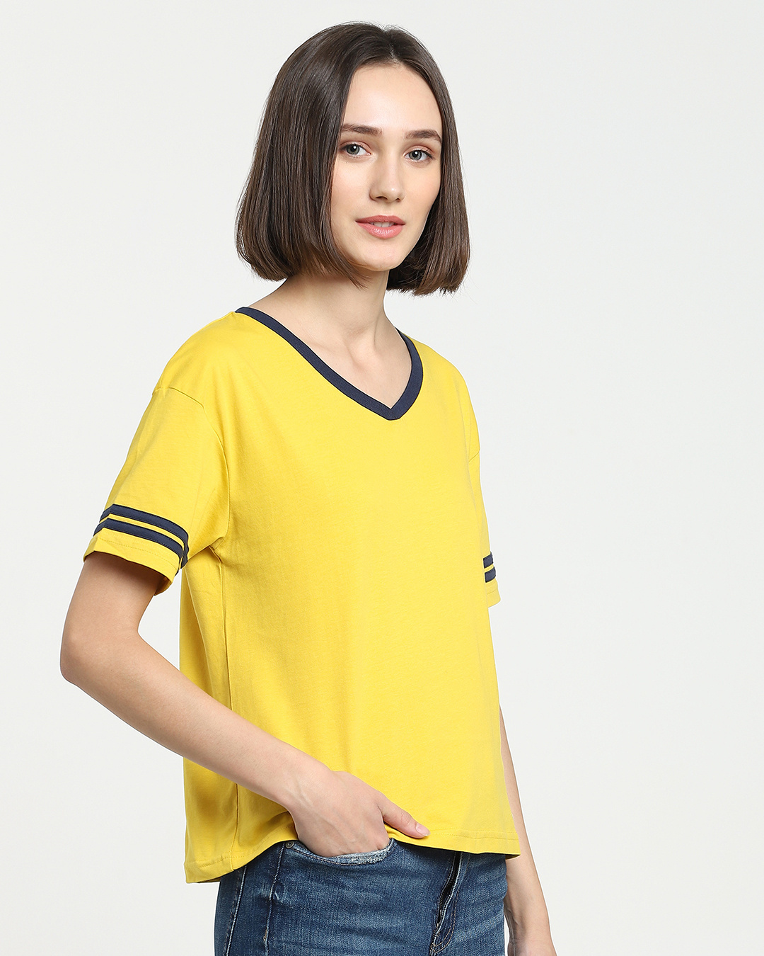 Shop Ceylon Yellow V Neck Stripe Sleeves Relaxed Fit T-Shirt-Back