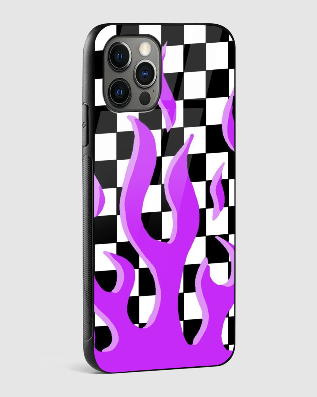 Shop Checkered Purple Flame Premium Glass Case for Apple iPhone 14 Pro Max-Back