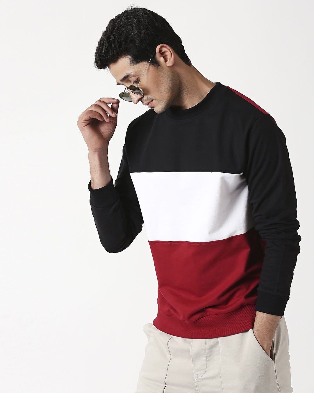 

Cherry Red Color Block Fleece Sweater Mens Plain Colorblock Fleece Sweater Bewakoof.com, Red-black-white