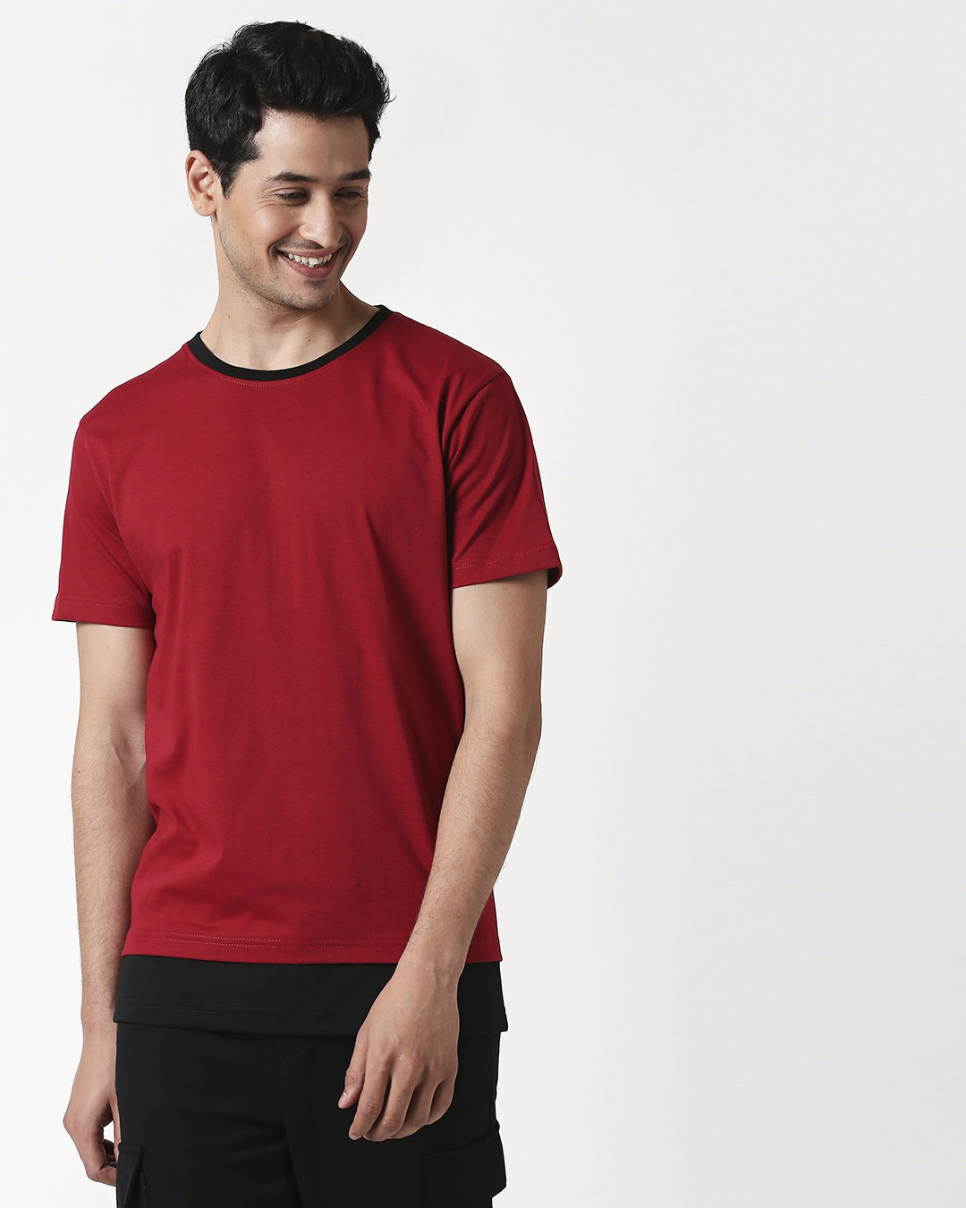 Shop Cherry Red Contrast Hem T-Shirt-Back