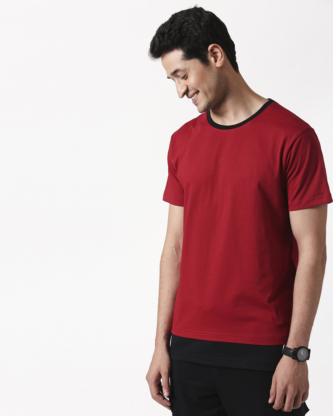 

Cherry Red Contrast Hem T-Shirt Men' 90' Vibe half sleeves plain Three Panel t-shirt Bewakoof.com, Red-black