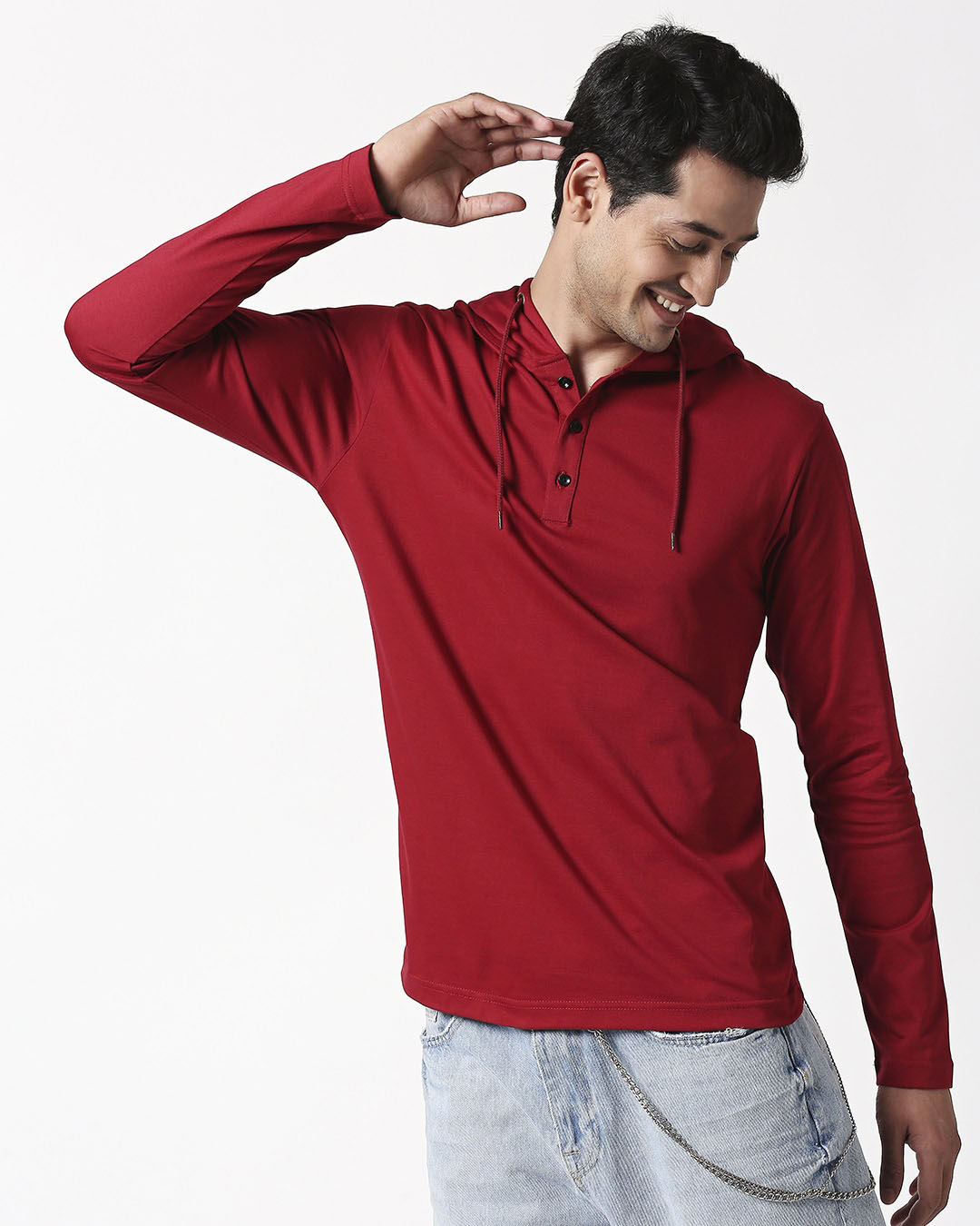Shop Cherry Red Henley Hoodie T-Shirt-Back