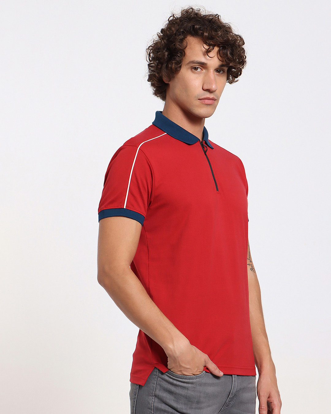 Shop Men's Chili Pepper Contrast Collar Zipper Polo T-shirt-Back