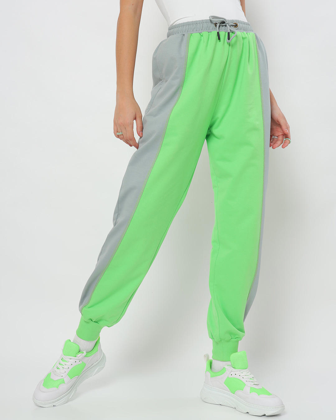 Buy Women's Chilled Out Green Color Block Relaxed Fit Joggers Online at ...