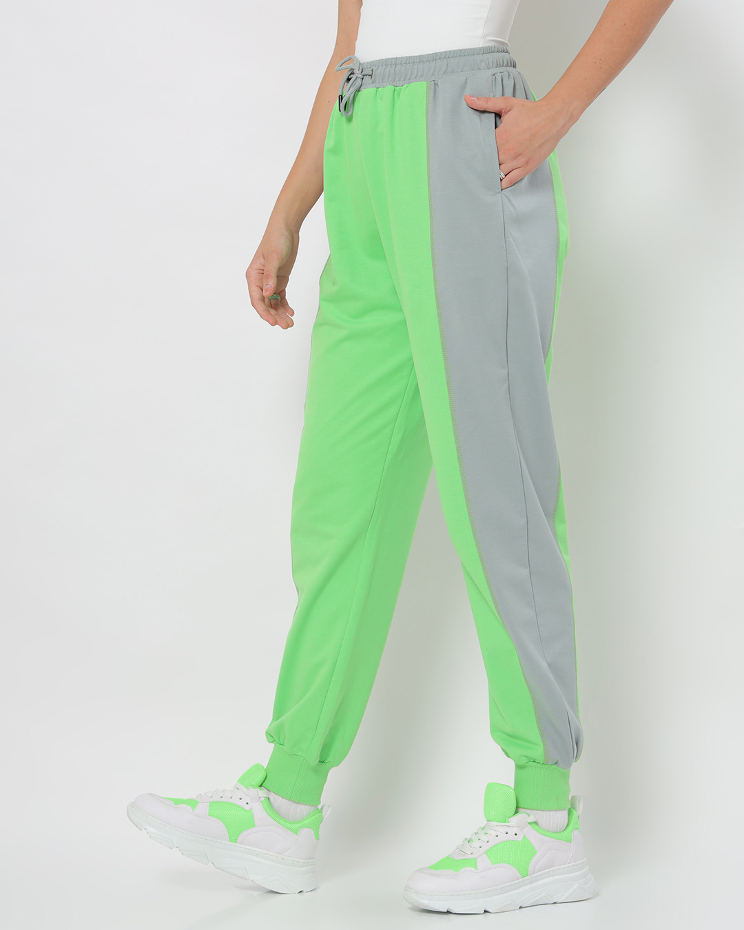 Shop Women's Chilled Out Green Color Block Relaxed Fit Joggers-Back