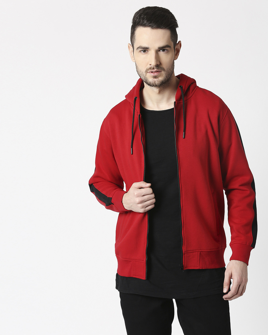

Chili Pepper - Black Side Panel Zipper Hoodie Men' Plain Side Panel Zipper Sweatshirt Hoodie Bewakoof.com, Red-black
