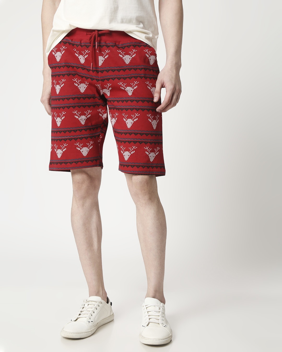 

Men Reindeer All Over Printed Red Shorts Men' Printed AOP Knitted Shorts Bewakoof.com