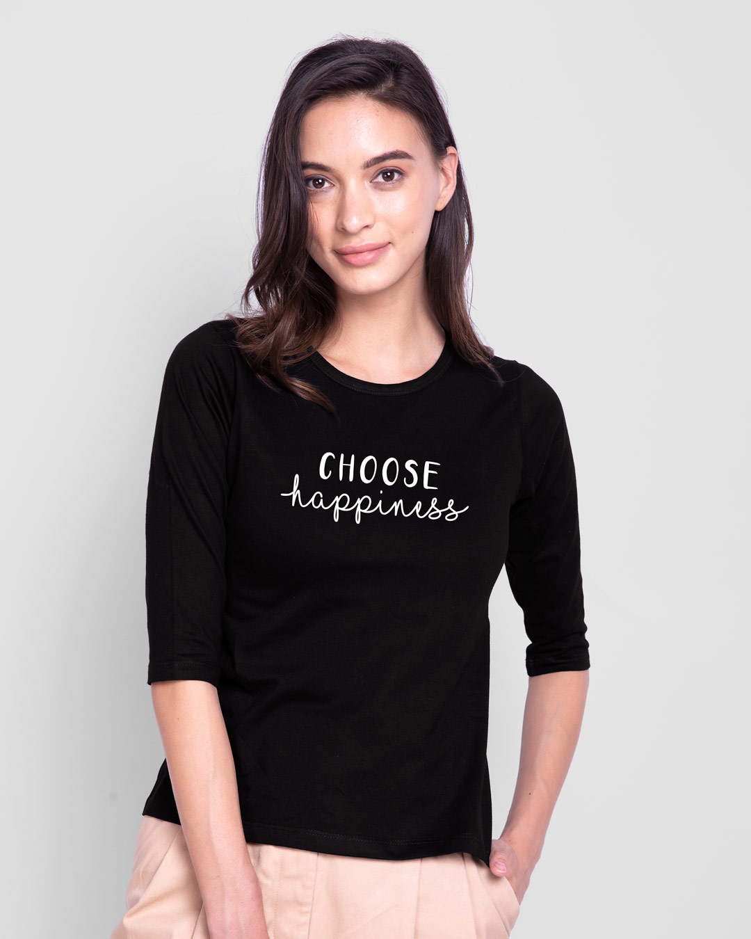 Shop Choose Happiness Round Neck 3/4th Sleeve T-Shirt-Back