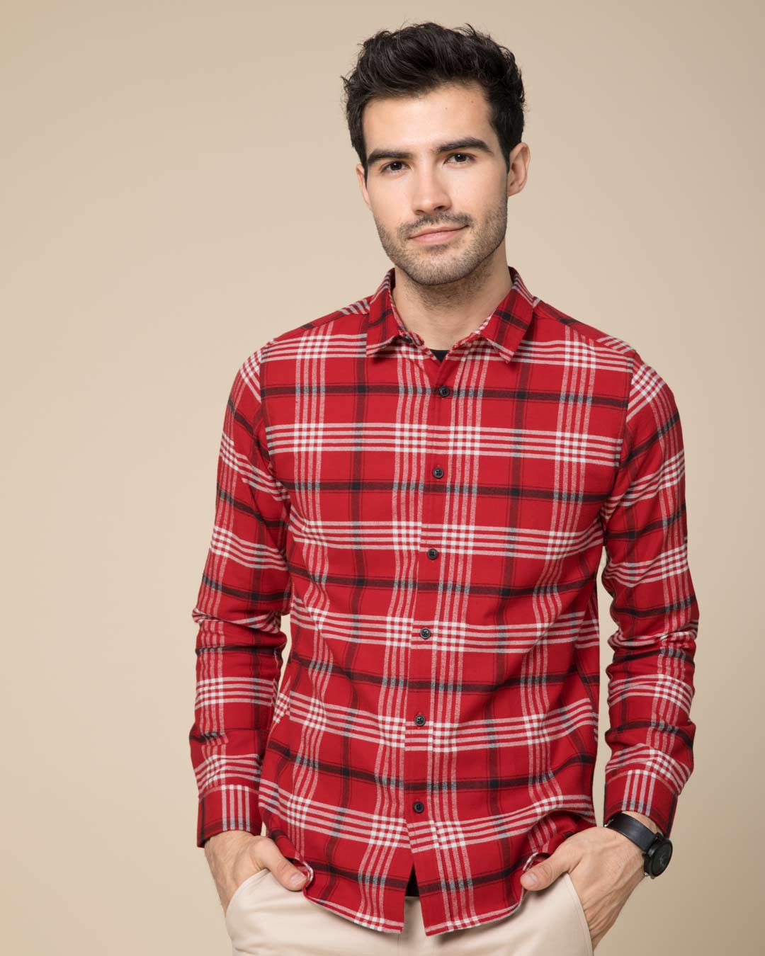 Shop Christmas Red Checked Slim Fit Shirt-Back