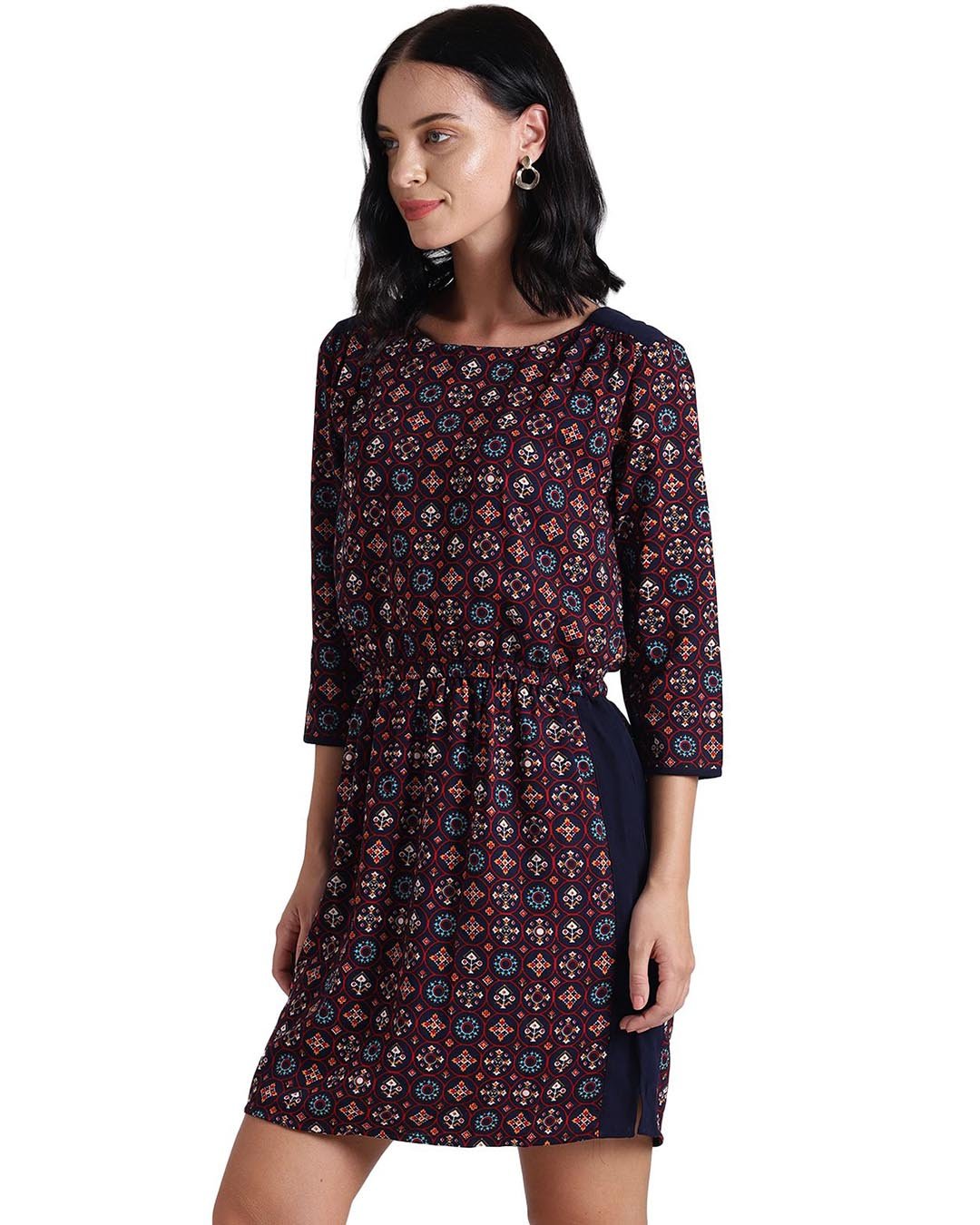Shop Women's Blue Geometric Florals Printed Fit And Flare Dress-Back