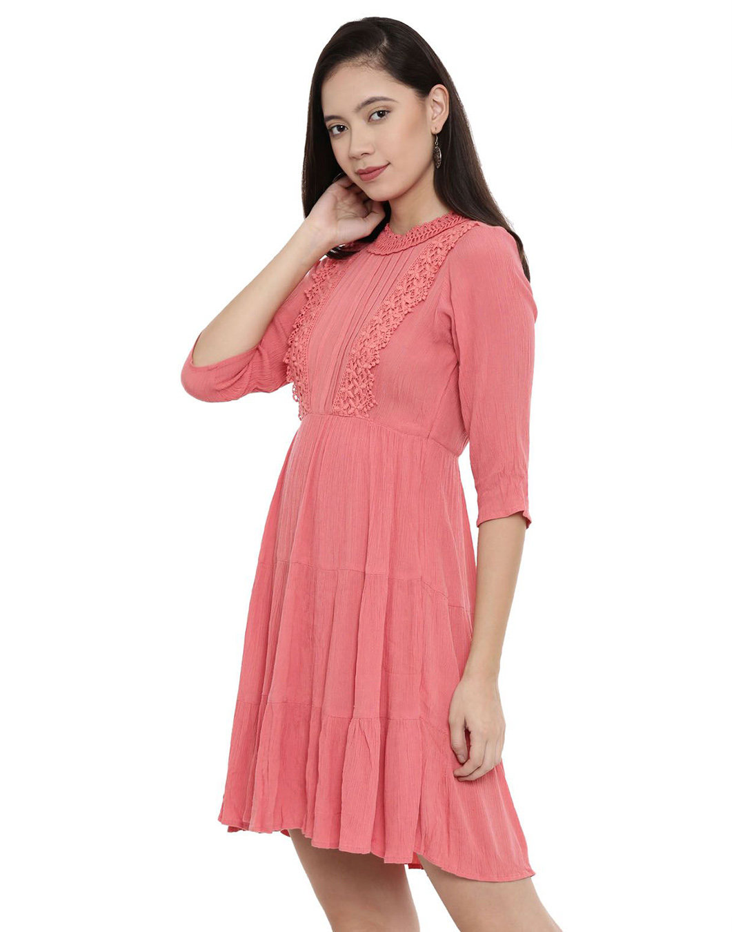 Shop Laced Coral Pink Tiered Skater Dress For Women's-Back