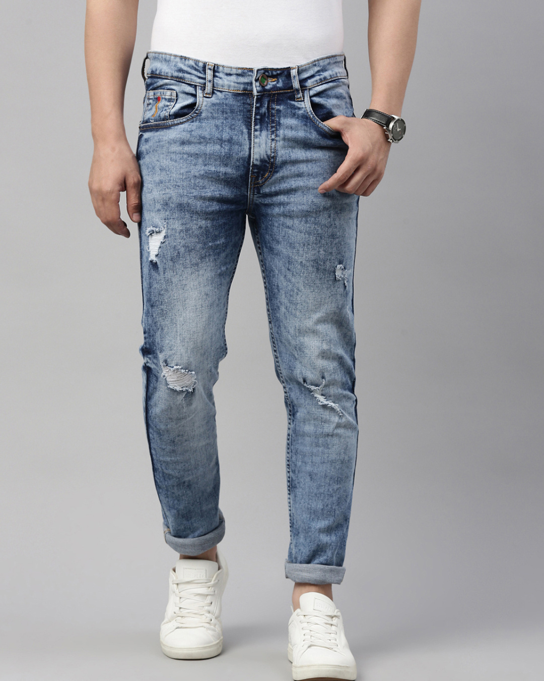 Buy Cinocci Men Blue Cotton Slim Fit Highly Distressed Jeans for Men ...