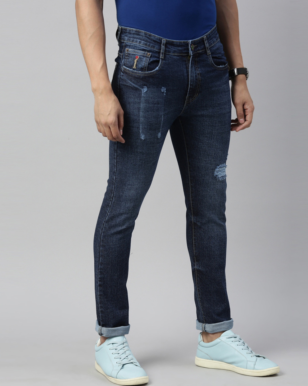 Shop Men's Blue Cotton Slim Fit Highly Distressed Jeans-Back