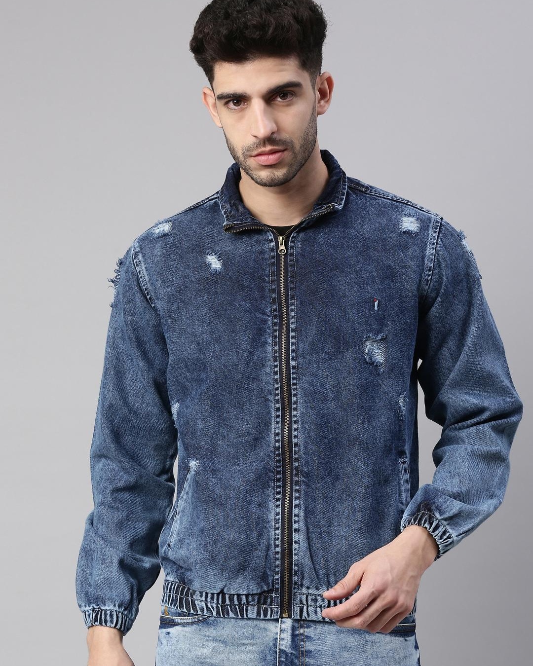 Buy Men's Blue Washed Distressed Slim Fit Denim Jacket for Men Blue ...