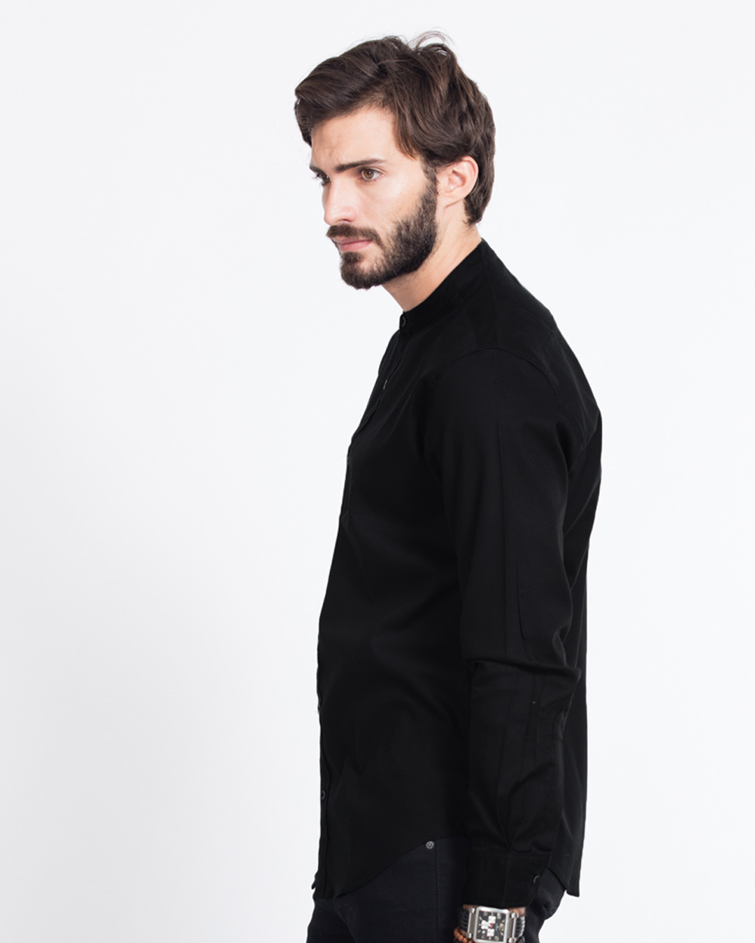 Shop Classic Black Mandarin Collar Shirt-Back