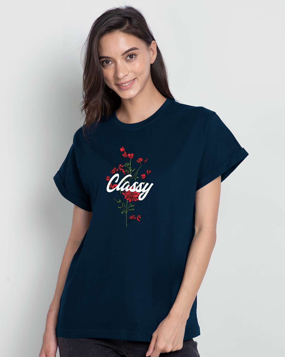 Shop Classy Red Flowers Boyfriend T-Shirt Navy Blue-Back