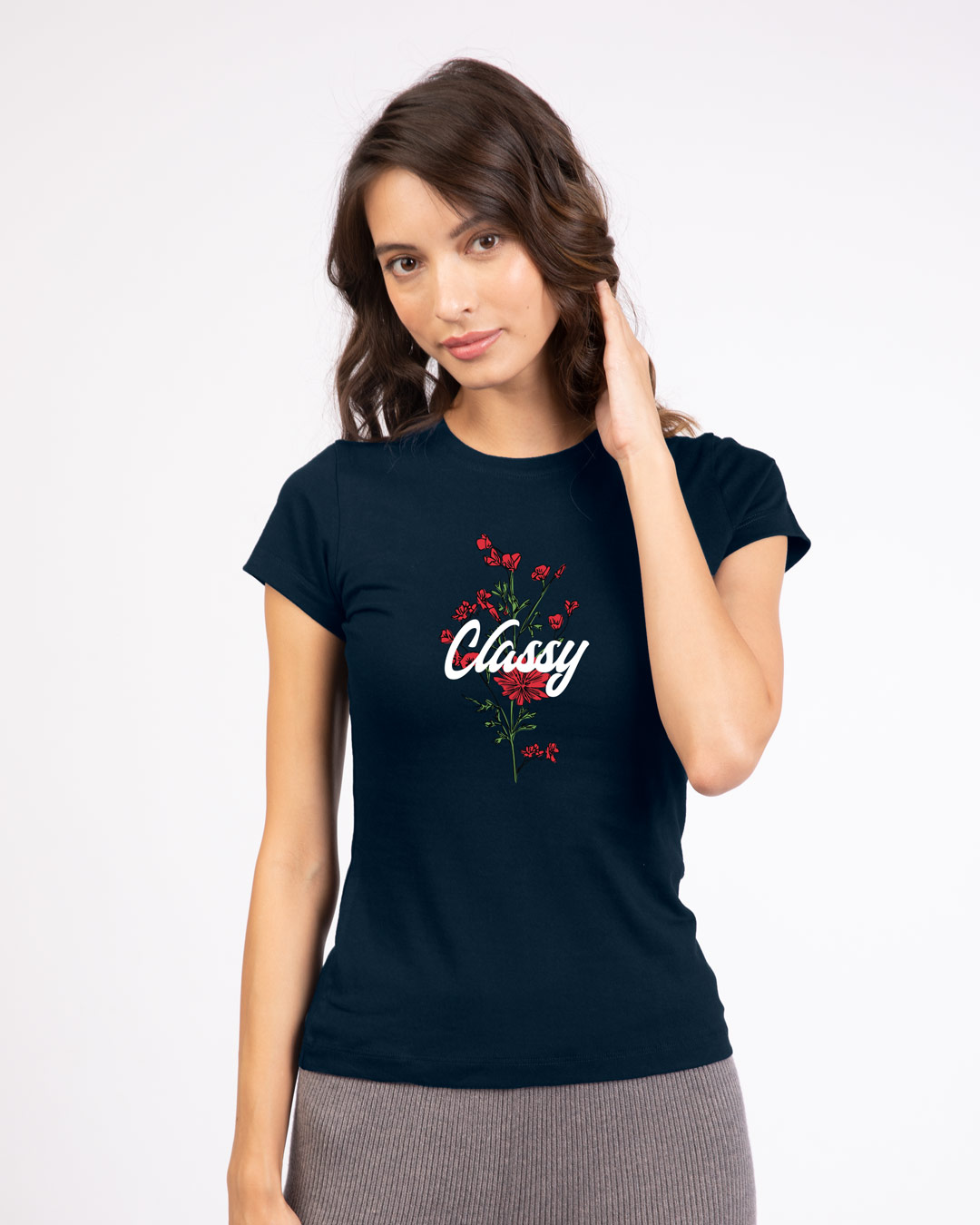 Shop Classy Red Flowers Half Sleeve T-Shirt Navy Blue-Back