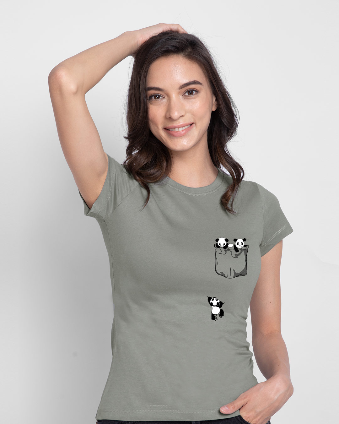 Shop Women's Grey Climbing Pocket Panda Graphic Printed Slim Fit T-shirt-Back