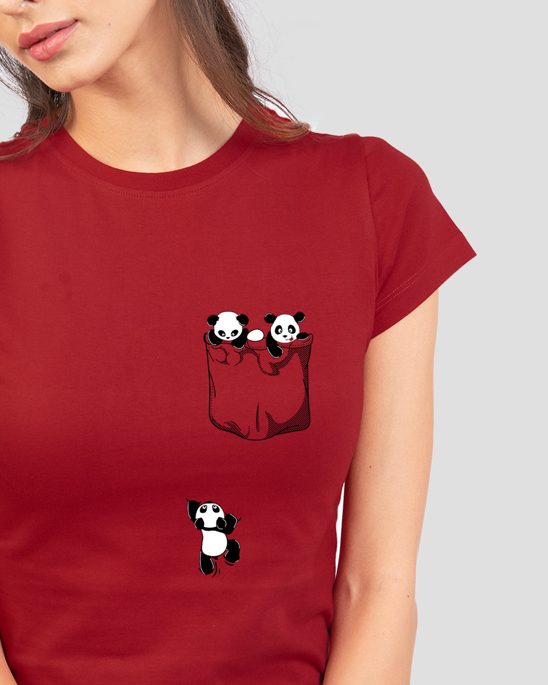 

Climbing pocket panda Half Sleeve T-Shirts Women' Half Sleeve Printed T-shirt Bewakoof.com, Red