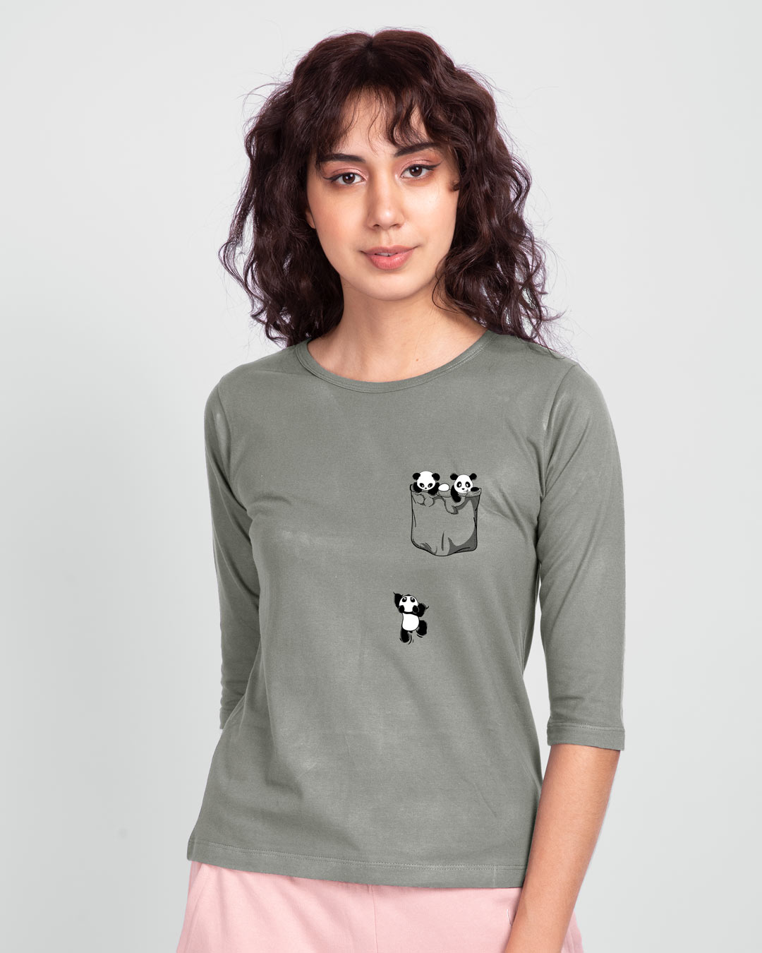 Shop Climbing pocket panda Round Neck 3/4 Sleeve T-Shirt Meteor Grey-Back