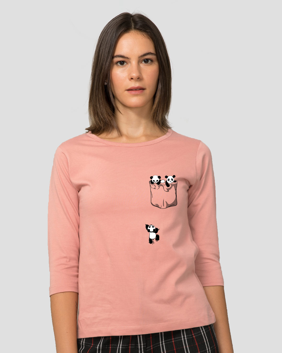 Shop Climbing pocket panda Round Neck 3/4 Sleeve T-Shirt Misty Pink-Back