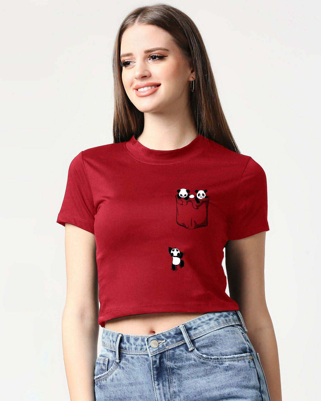 Shop Women's Red Climbing Pocket Panda Slim Fit Snug Blouse-Back