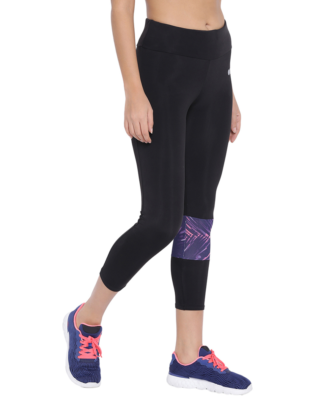 Shop Active Capri Tights With Printed Panel & Waistband Zipper In Black-Back