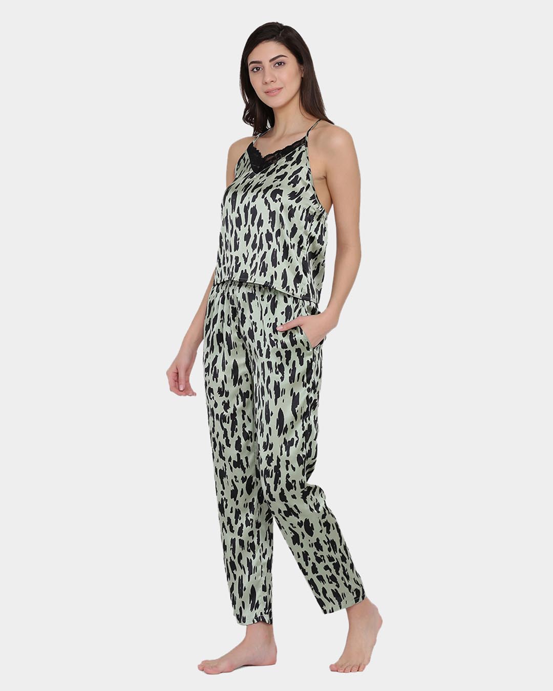 Shop Animal Print Cami Top & Pyjama Set In Light Green   Satin-Back