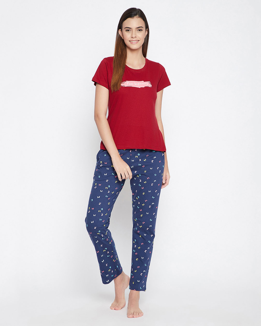 Shop Butterfly Print Pyjama And Printed T Shirt Set-Front