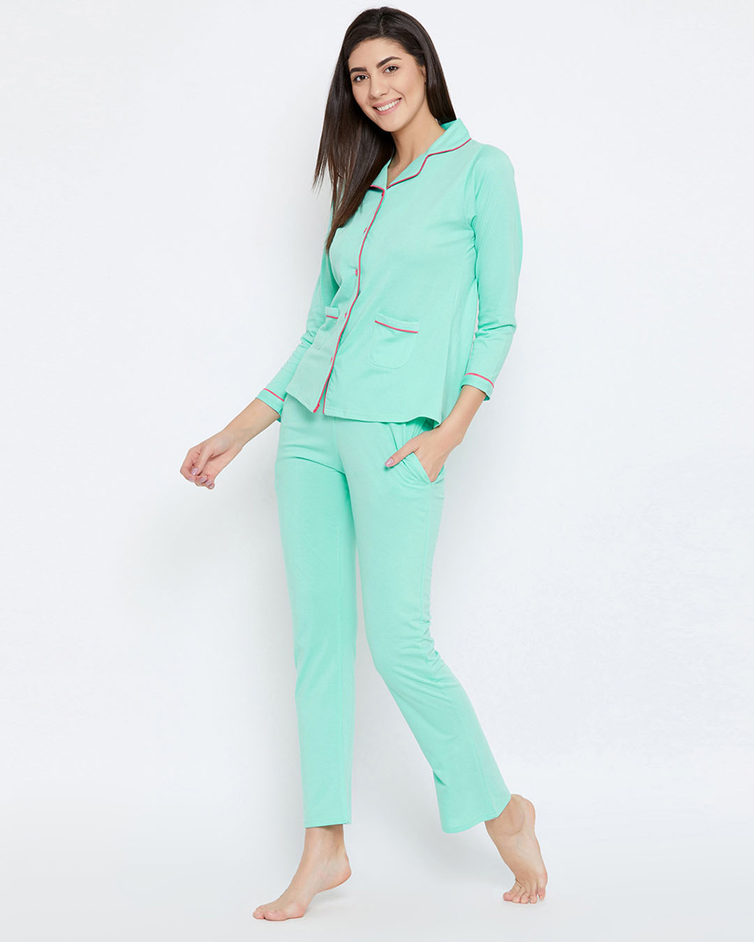 Shop Button Down Shirt & Pyjama Set In Light Green  100% Cotton-Back