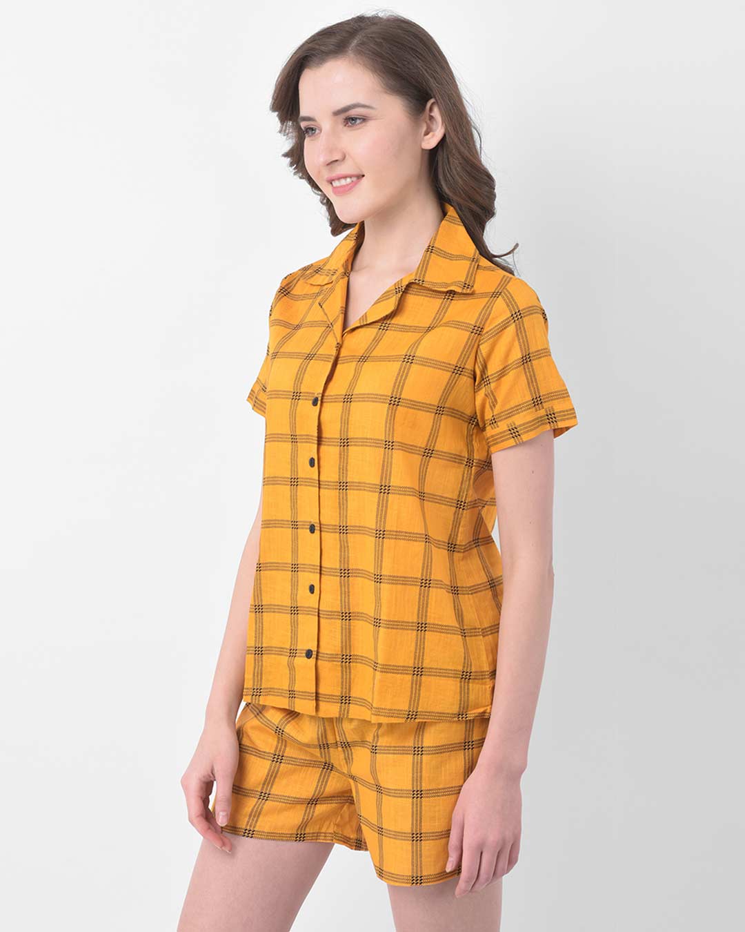 Shop Button Me Up Checked Shirt & Shorts Set In Mustard  100% Cotton-Back