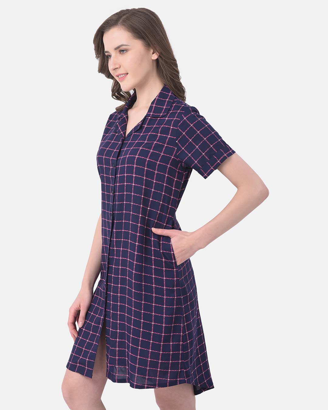 Shop Button Me Up Checked Sleep Dress In Navy   Cotton Rich-Back