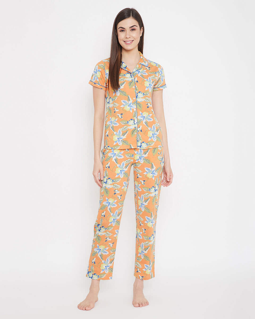Shop Button Me Up Floral Print Shirt & Pyjama In Orange-Front