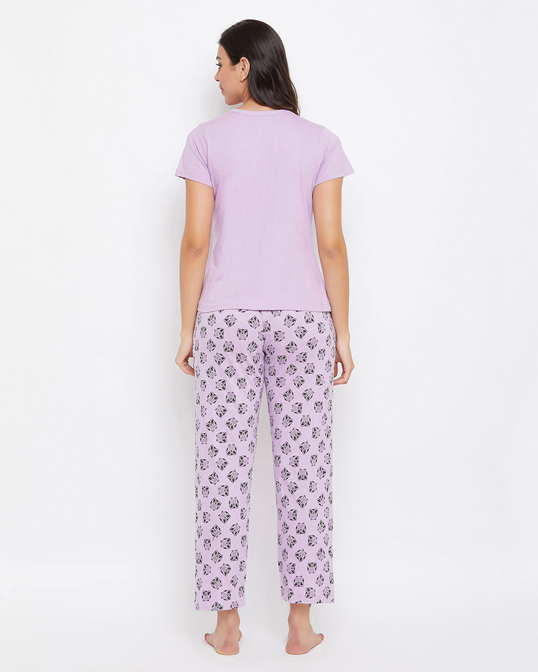 Shop Button Me Up Owl Print Top & Pyjama In Lilac-Back