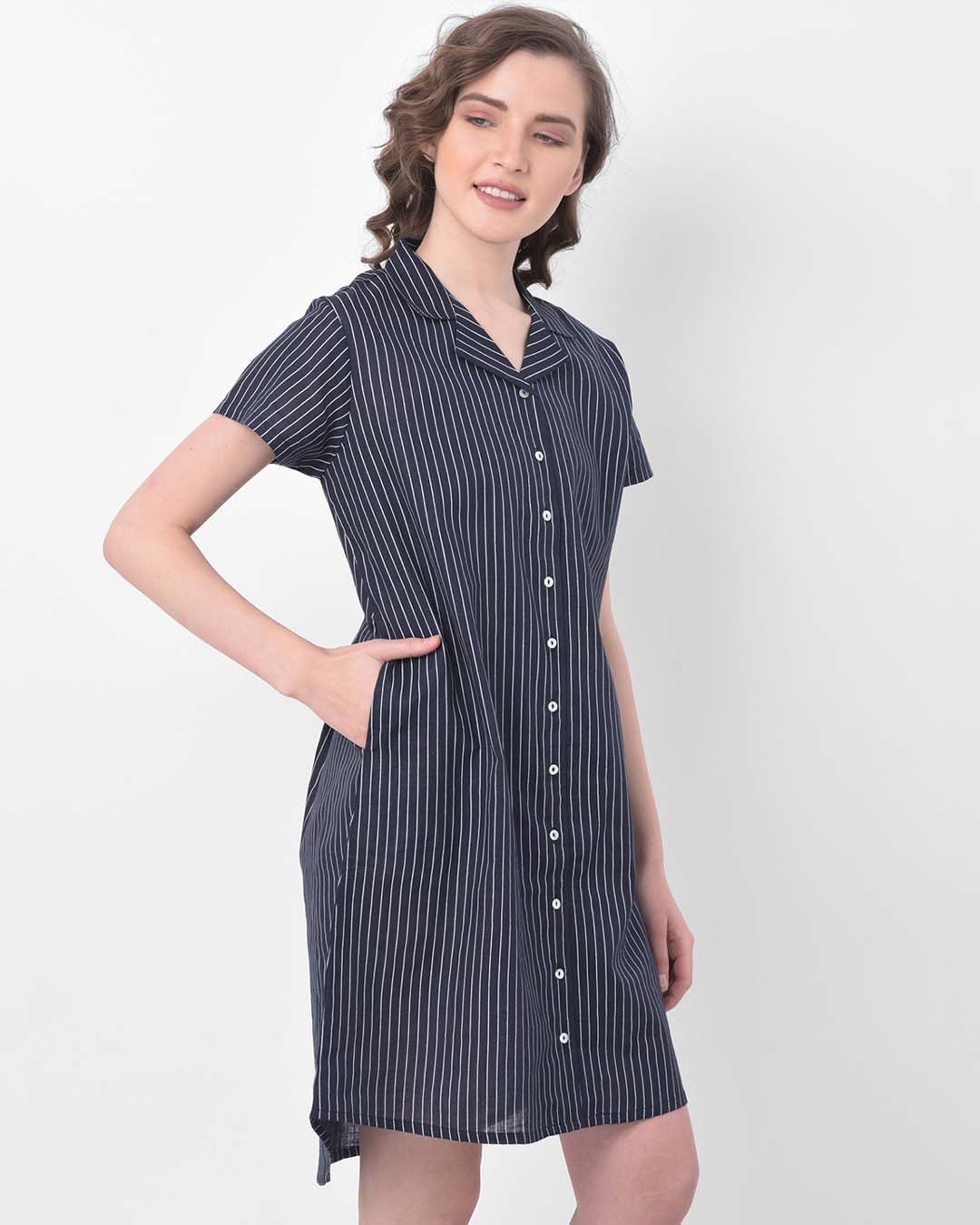 Shop Button Me Up Sassy Stripes Short Night Dress In Navy-Back