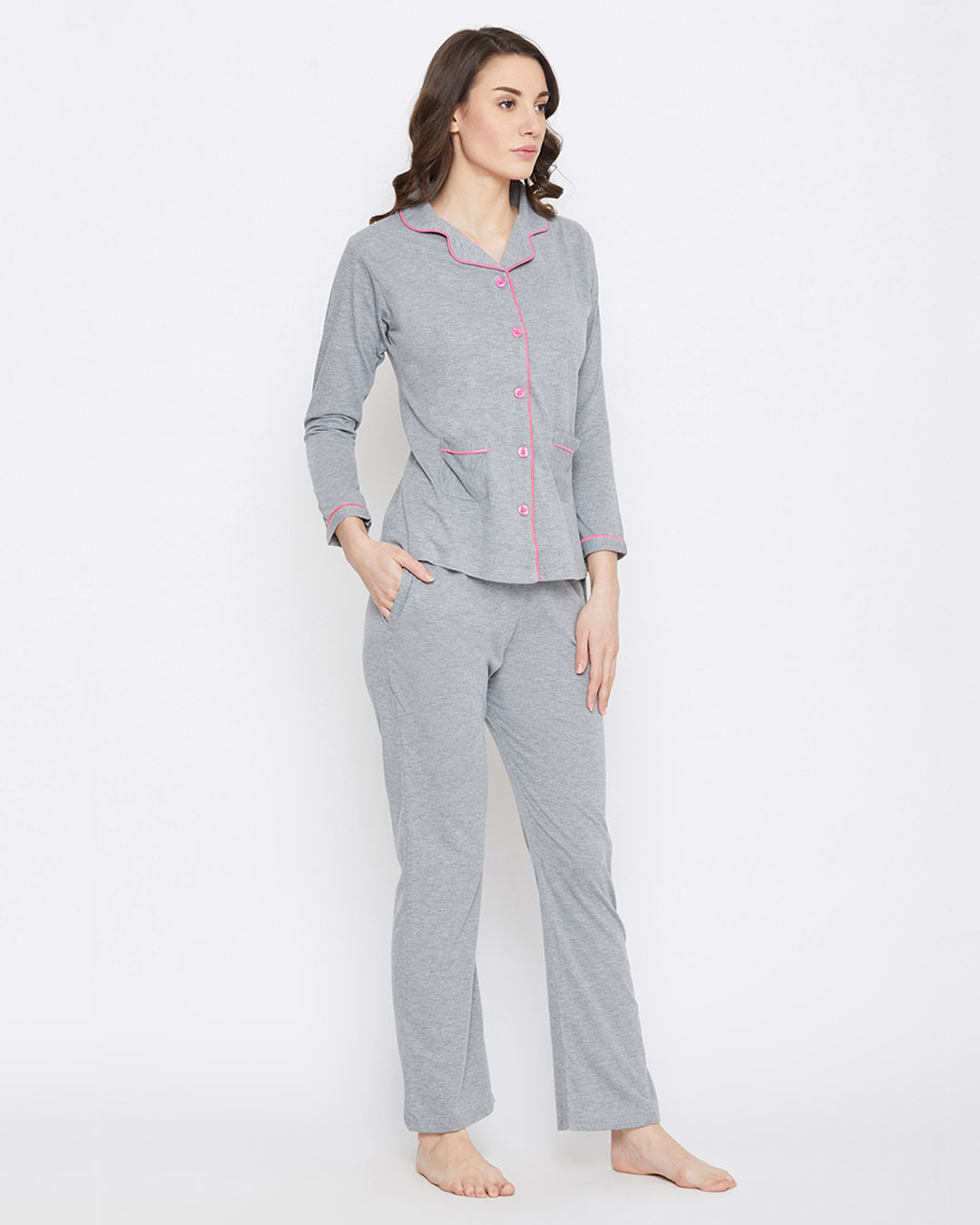 Shop Button Me Up Shirt & Pyjama Set In Grey-Back