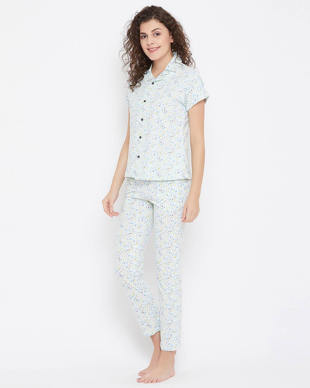 Shop Button Me Up Shirt & Pyjama Set In Light Blue 100% Cotton-Back